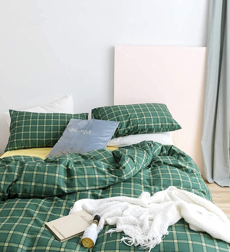 Houseri Green Comforter Set - Queen Plaid & Grid Bedding - Emerald, Forest, Jade Green & Yellow - Buffalo Checkered - Men, Boys, Girl - Vintage Style - Image 2